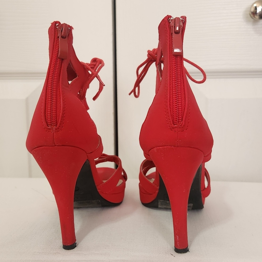 TOP Moda Red Lace-Up Heels - Picture 4 of 5
